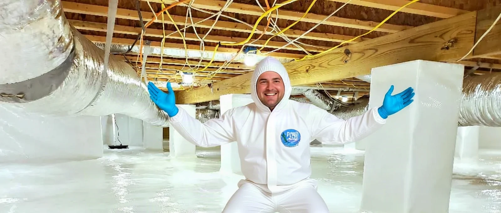 Crawl space technician in a protective suit inside an encapsulated crawl space in Newport News, VA